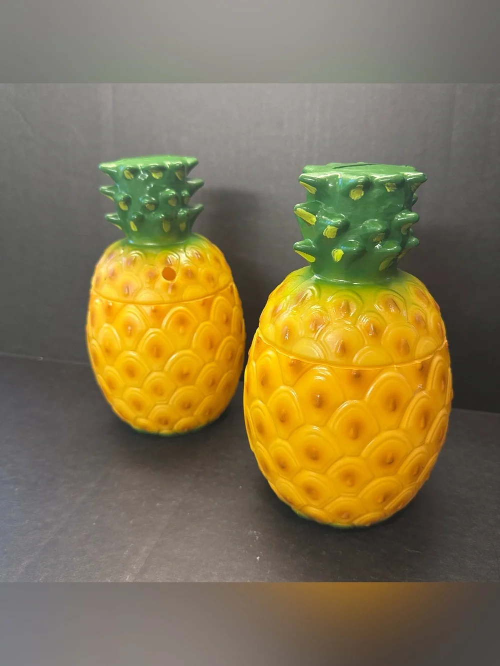 2 Vintage Pineapple Plastic Coin Bank Tumbler Cups Progressive Glass Tiki DIY